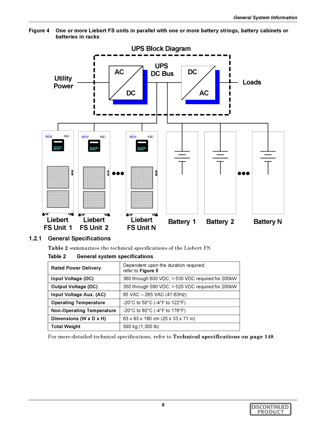 Emerson 540VDC manual Liebert, Battery N, FS Unit N, DC Bus, General Specifications 