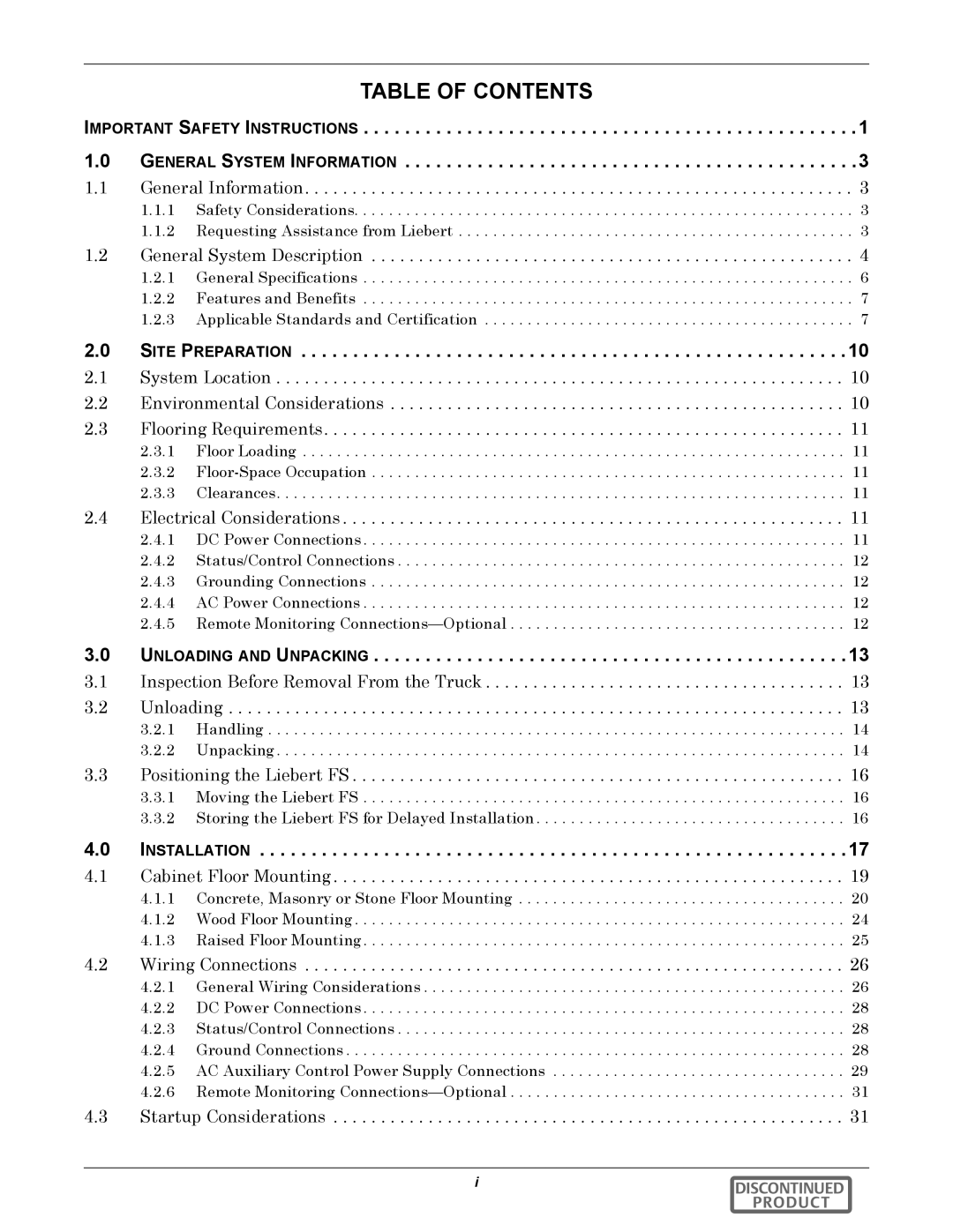 Emerson 540VDC manual Table of Contents 