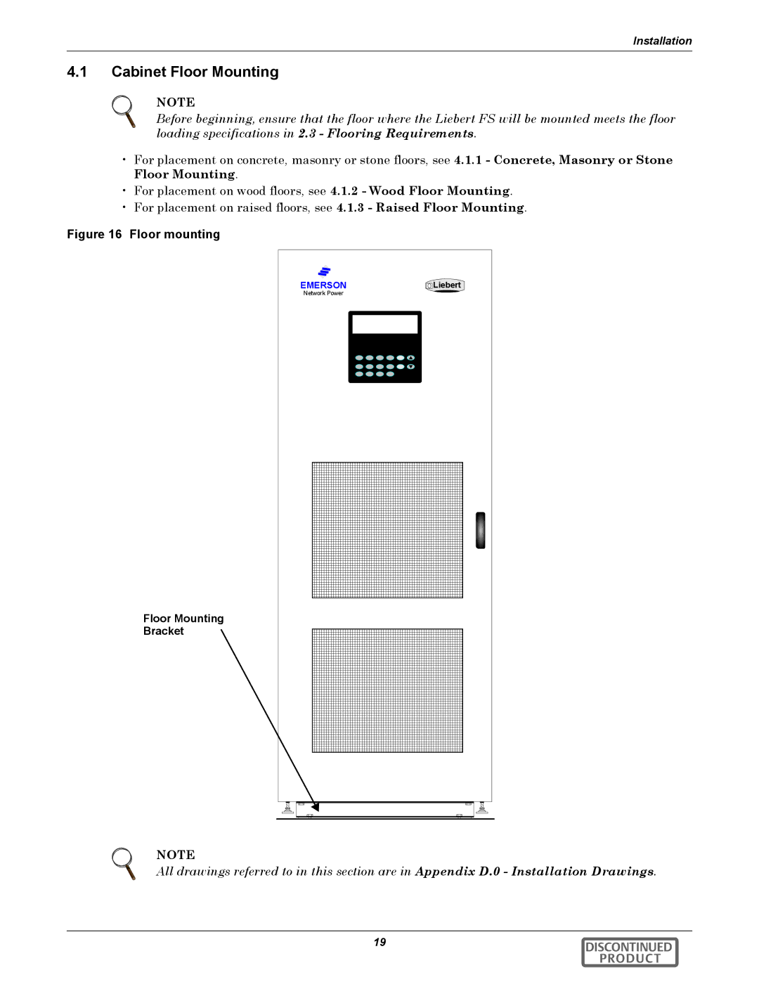 Emerson 540VDC manual Cabinet Floor Mounting, Floor Mounting Bracket 