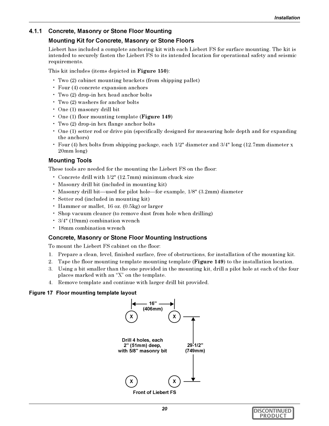 Emerson 540VDC manual Mounting Tools, Concrete, Masonry or Stone Floor Mounting Instructions 