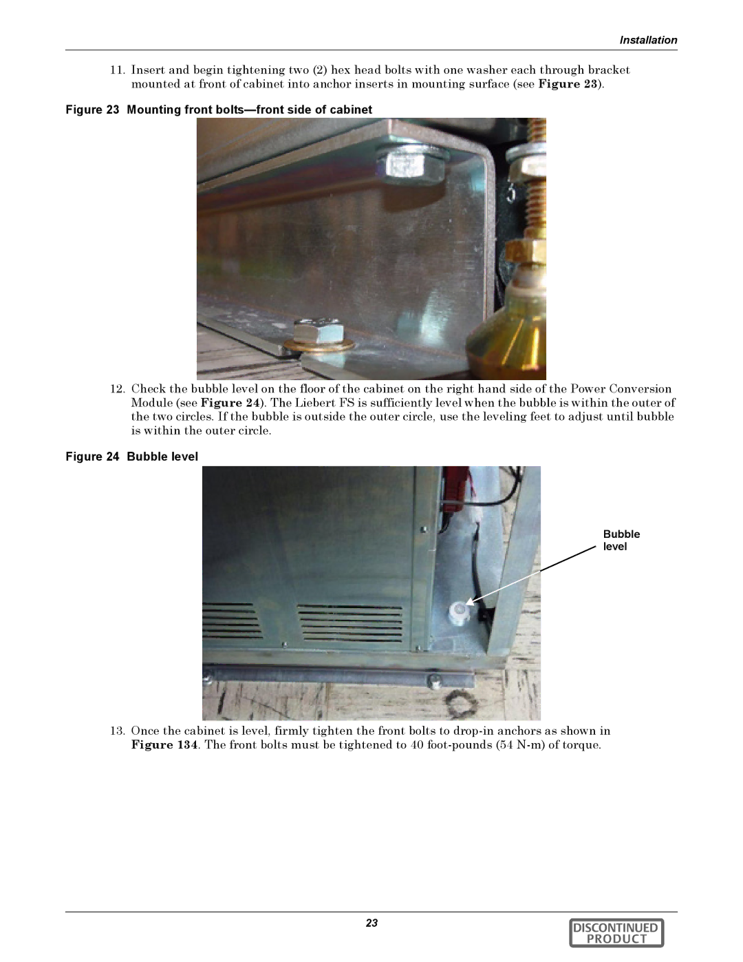 Emerson 540VDC manual Mounting front bolts-front side of cabinet, Bubble level 