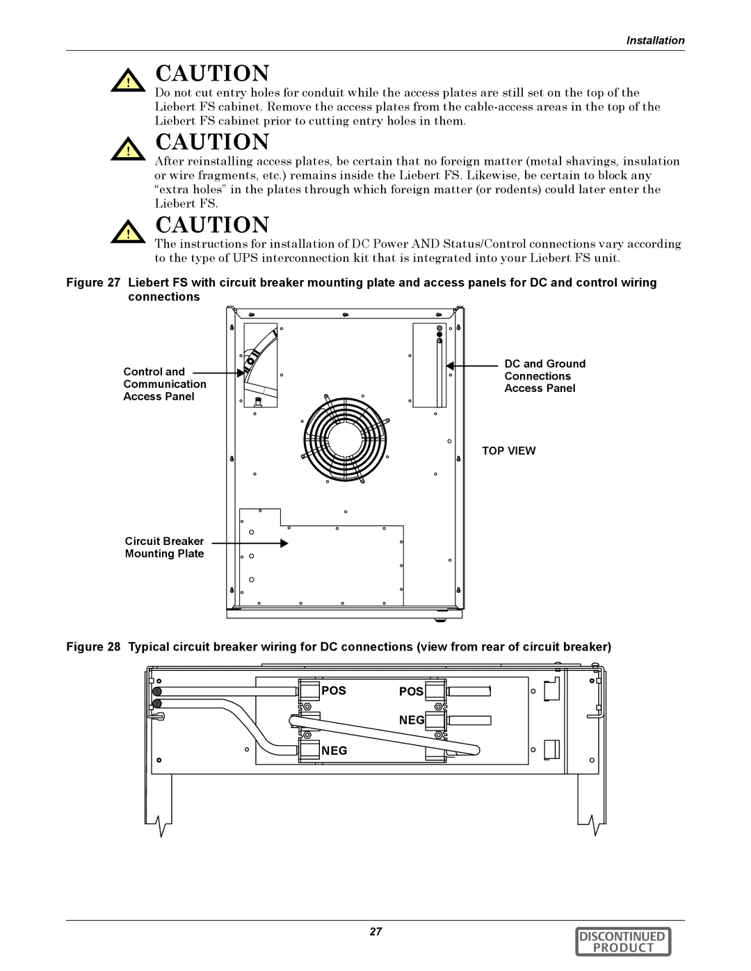 Emerson 540VDC manual Control Communication Access Panel DC and Ground Connections, Circuit Breaker Mounting Plate 