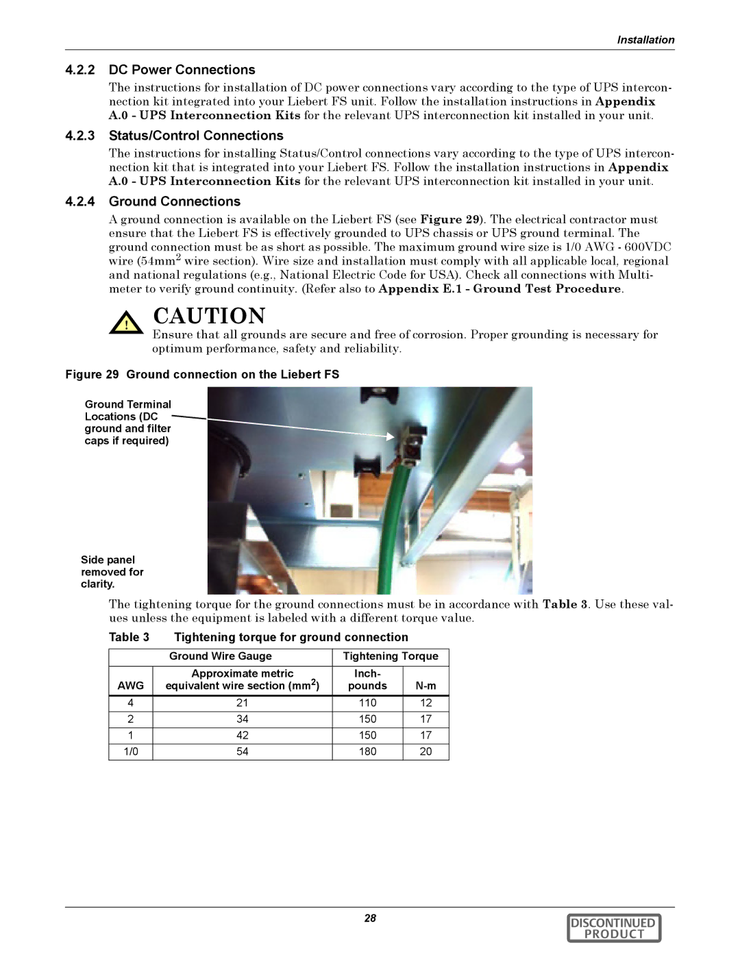 Emerson 540VDC manual Ground Connections, Tightening torque for ground connection, Pounds 