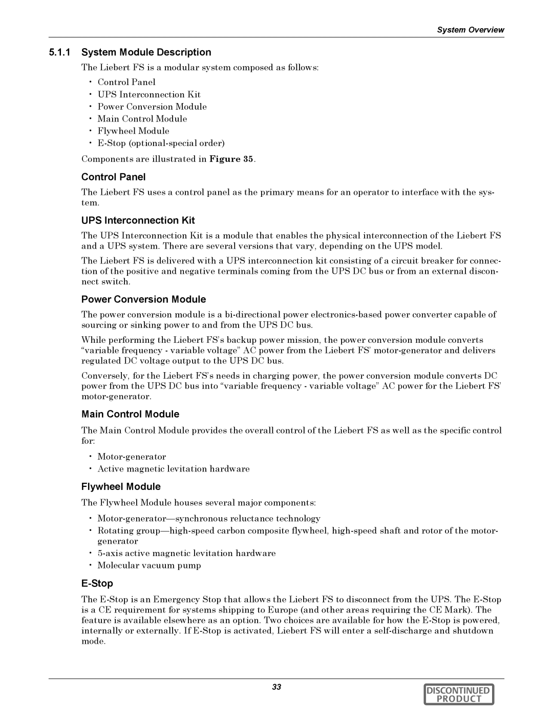 Emerson 540VDC System Module Description, Control Panel, UPS Interconnection Kit, Power Conversion Module, Flywheel Module 