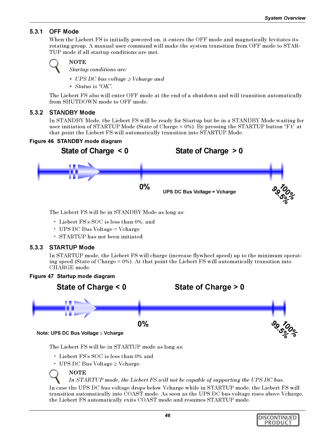 Emerson 540VDC manual OFF Mode, Standby Mode, Startup Mode, UPS DC Bus Voltage = Vcharge 