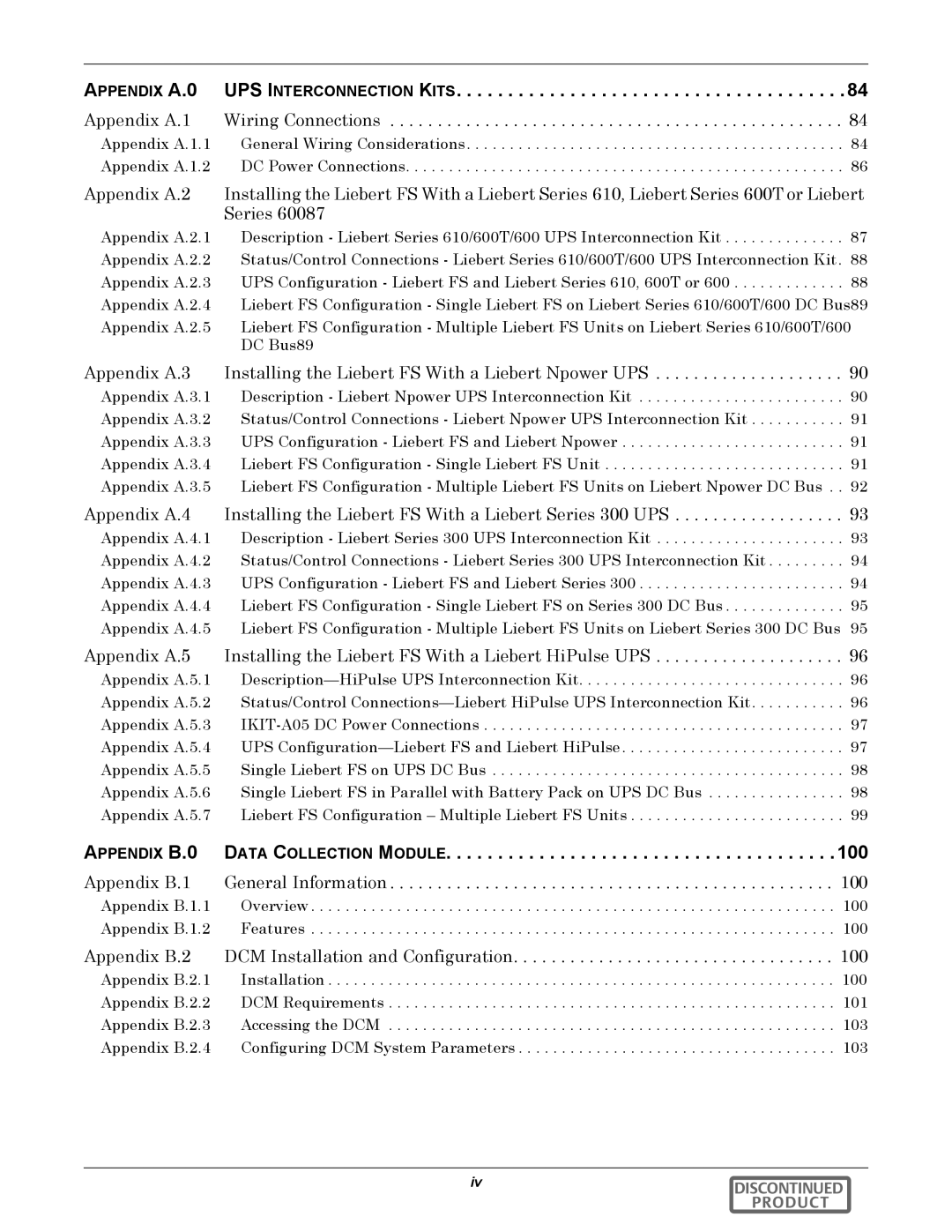 Emerson 540VDC manual Appendix A.0 UPS Interconnection Kits, Appendix B.0 Data Collection Module 