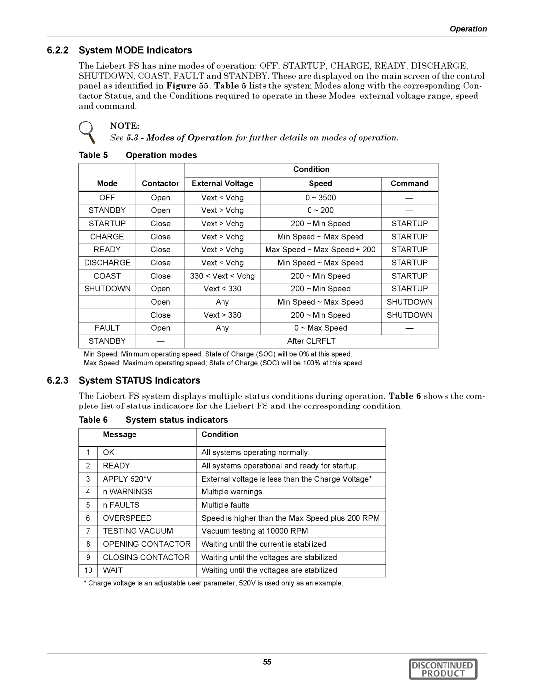 Emerson 540VDC manual System Mode Indicators, System Status Indicators, Operation modes, System status indicators 