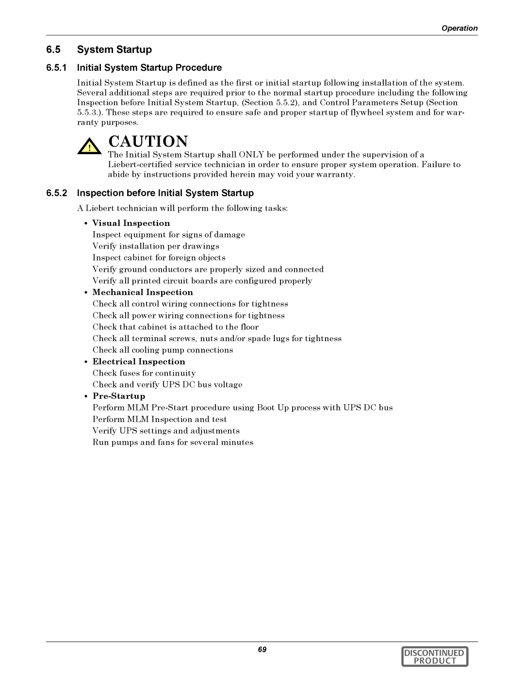 Emerson 540VDC manual Initial System Startup Procedure, Inspection before Initial System Startup 