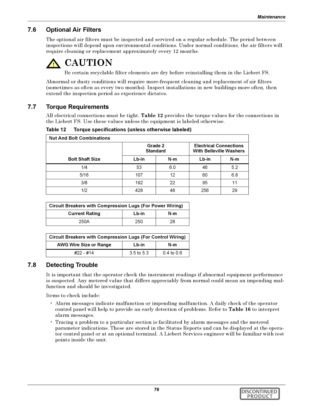 Emerson 540VDC manual Optional Air Filters, Torque Requirements, Detecting Trouble 