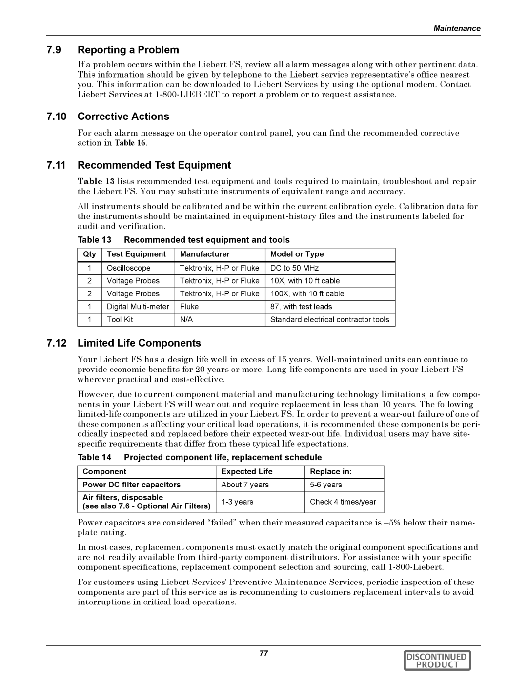 Emerson 540VDC manual Reporting a Problem, Corrective Actions, Recommended Test Equipment, Limited Life Components 