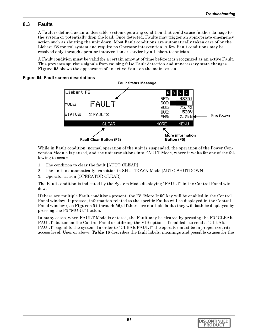 Emerson 540VDC manual Faults, Bus Power, Ore information Fault Clear Button F3 Button F5 