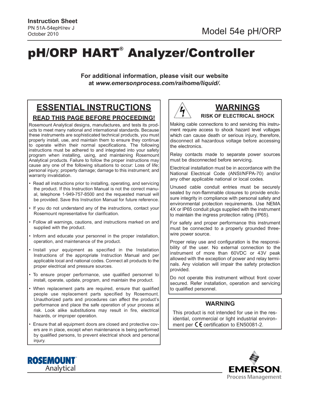 Emerson 54e pH, PN 51A-54epH instruction sheet Read this page Before Proceeding, Risk of Electrical Shock 