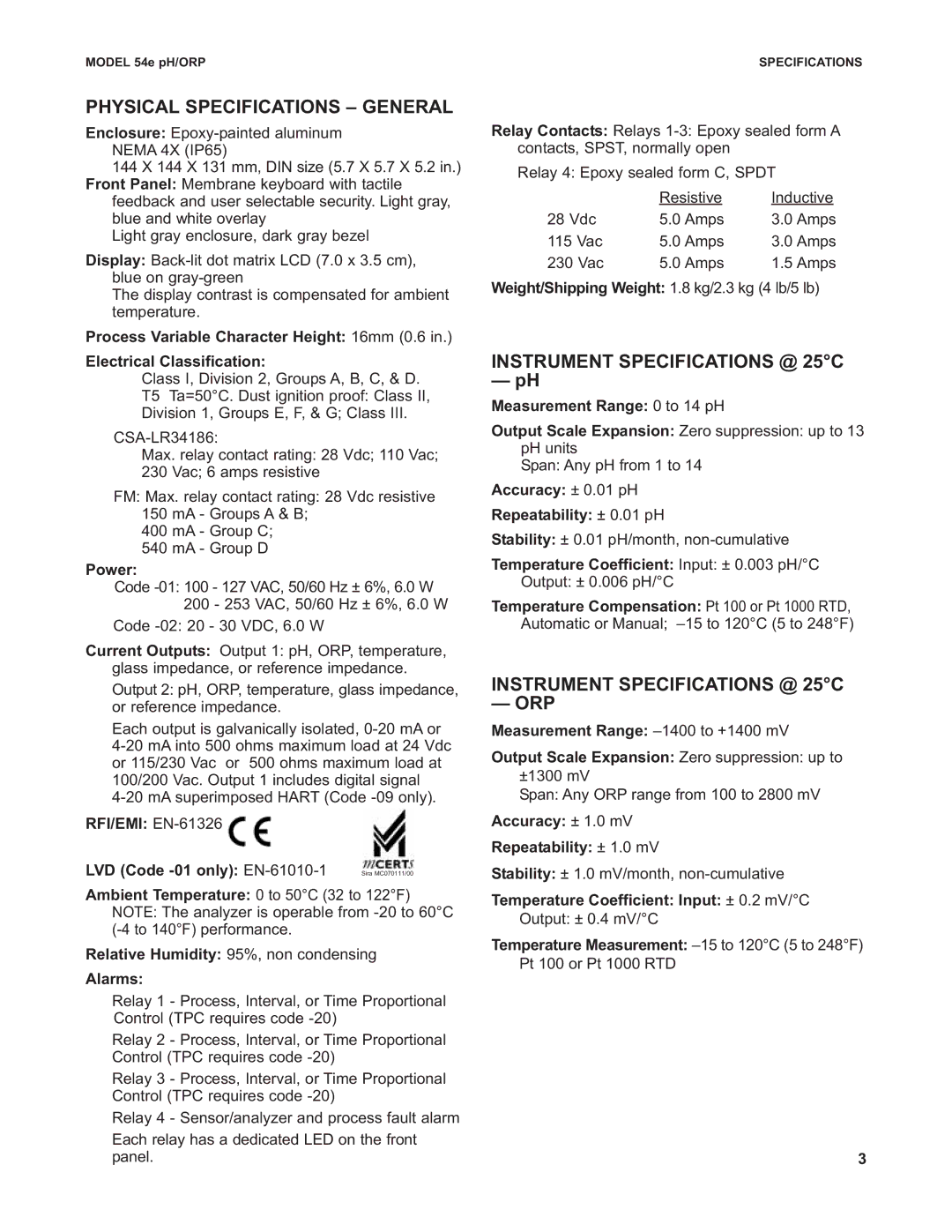 Emerson 54e pH, PN 51A-54epH instruction sheet Physical Specifications General, Instrument Specifications @ 25C ORP 