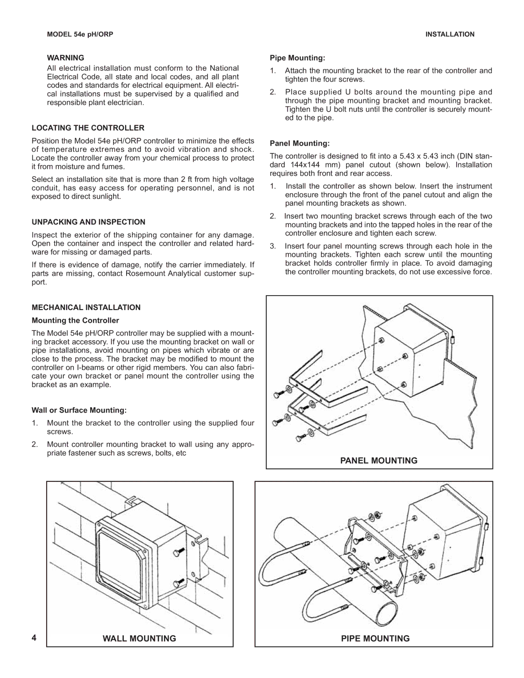 Emerson 54e pH, PN 51A-54epH instruction sheet Panel Mounting Wall Mounting Pipe Mounting, Locating the Controller 