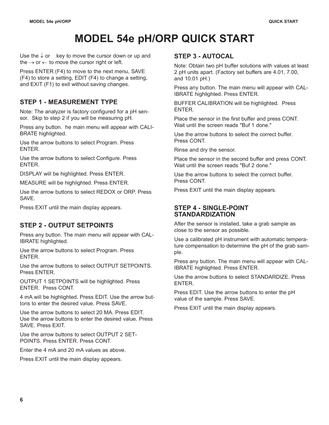 Emerson 54e pH, PN 51A-54epH instruction sheet Measurement Type, Output Setpoints, Autocal, SINGLE-POINT Standardization 