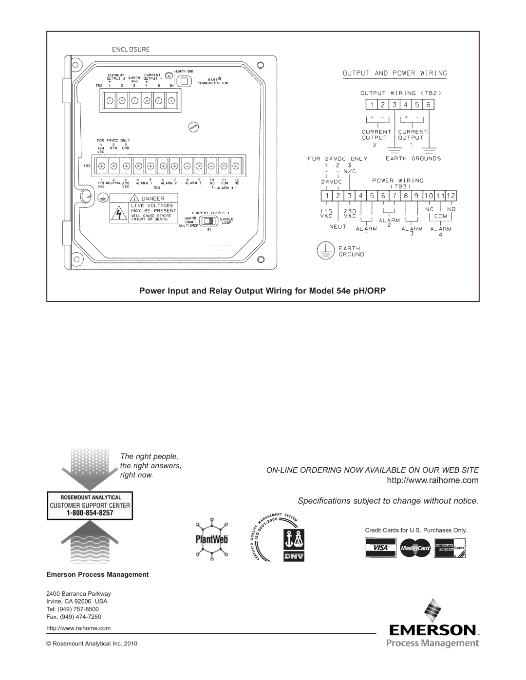 Emerson PN 51A-54epH instruction sheet Power Input and Relay Output Wiring for Model 54e pH/ORP 