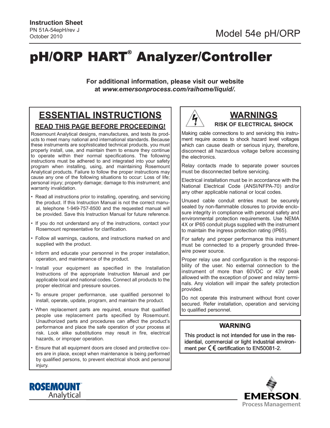 Emerson instruction sheet Instruction Sheet, For additional information, please visit our website, Model 54e pH/ORP 