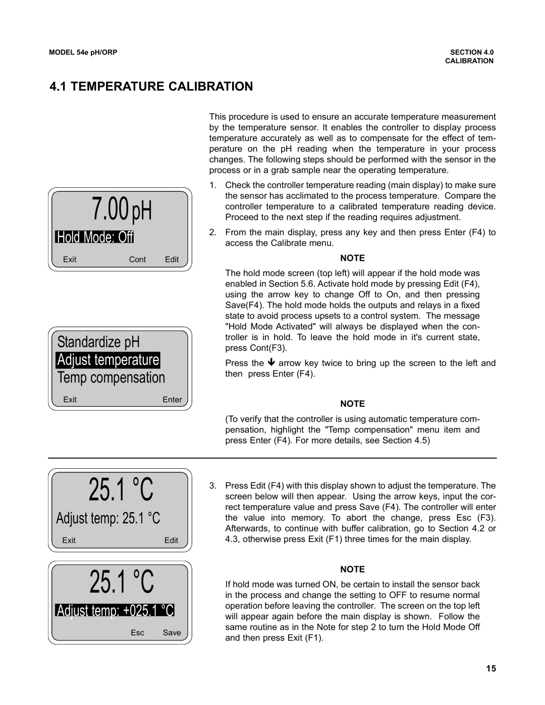 Emerson 54e pH/ORP instruction manual Hold Mode Off, Adjust temp 25.1 C, Temperature Calibration 