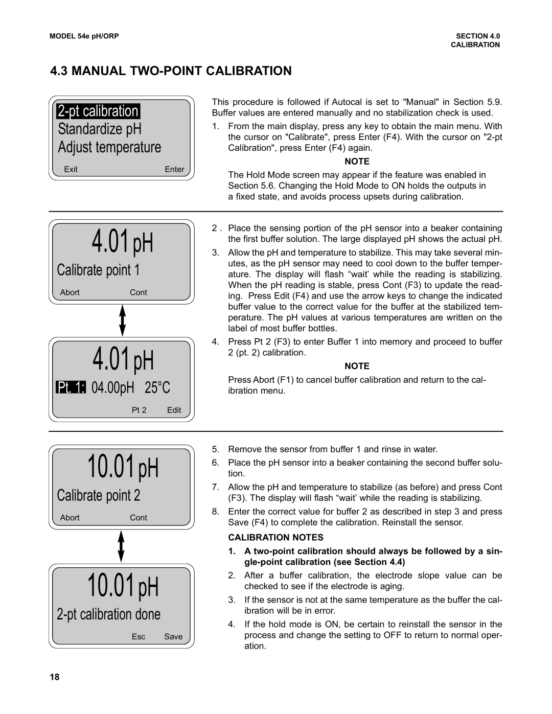 Emerson 54e pH/ORP instruction manual Calibrate point, Pt 04.00pH 25C, Pt calibration done, Manual TWO-POINT Calibration 