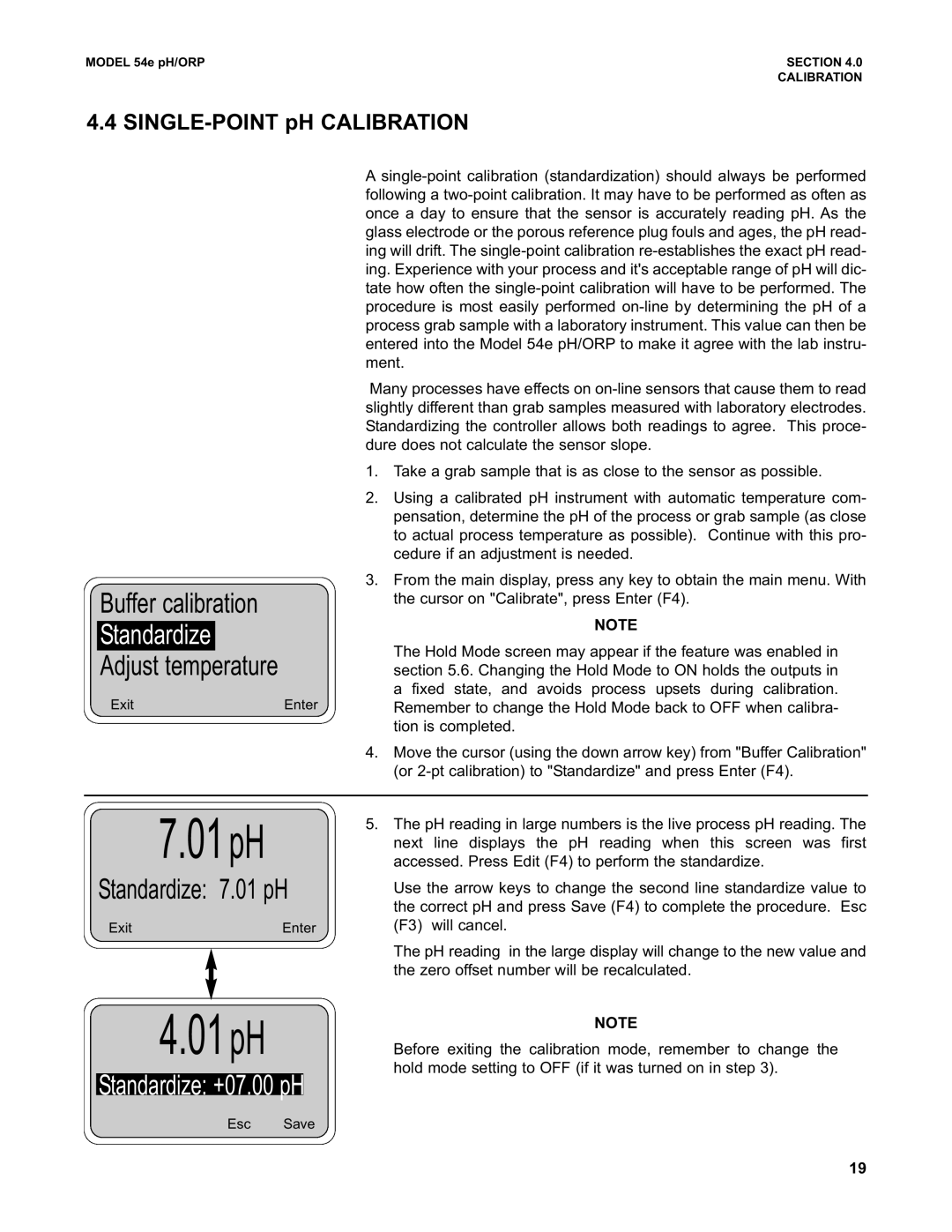 Emerson 54e pH/ORP instruction manual Standardize 7.01 pH, SINGLE-POINT pH Calibration 