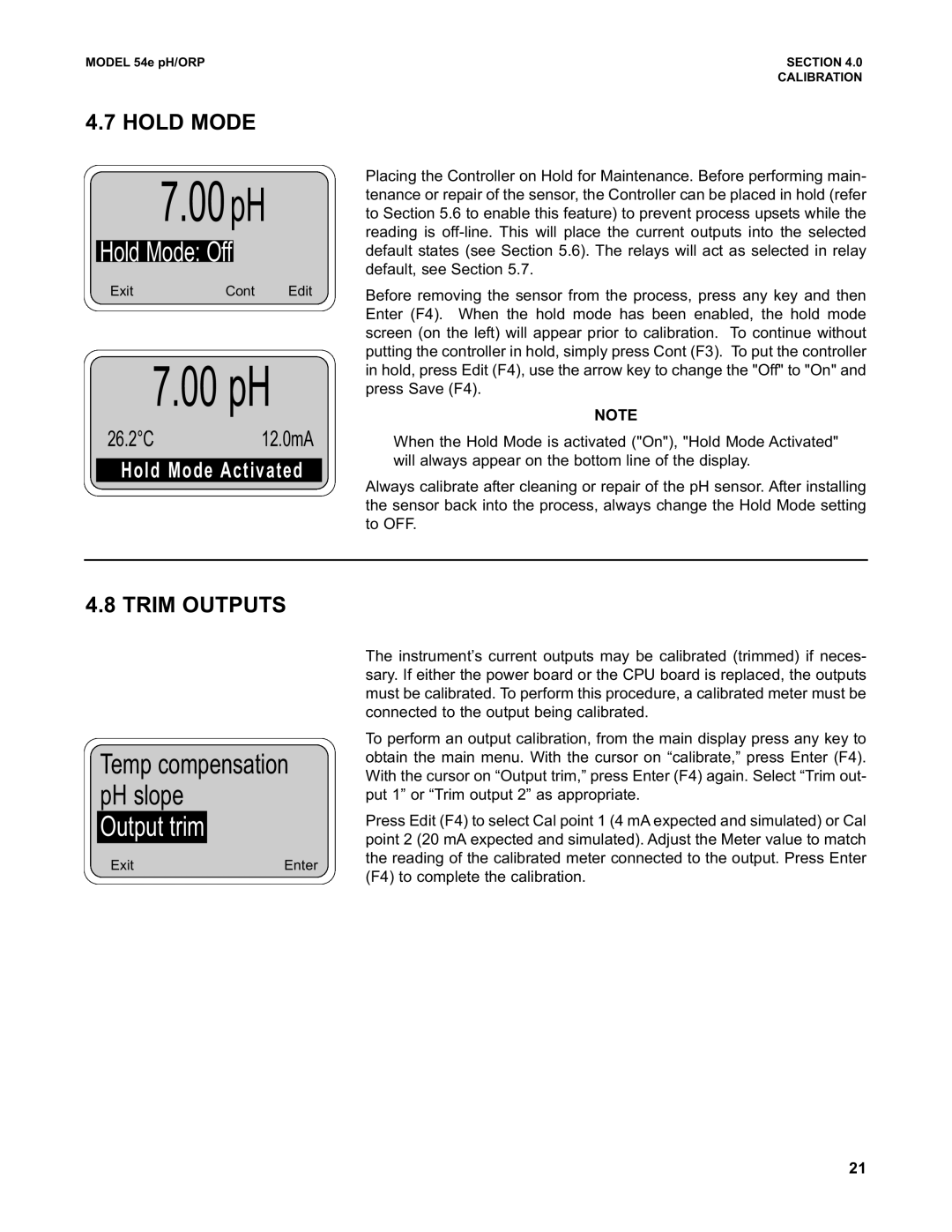 Emerson 54e pH/ORP instruction manual Output trim, Hold Mode, Trim Outputs 