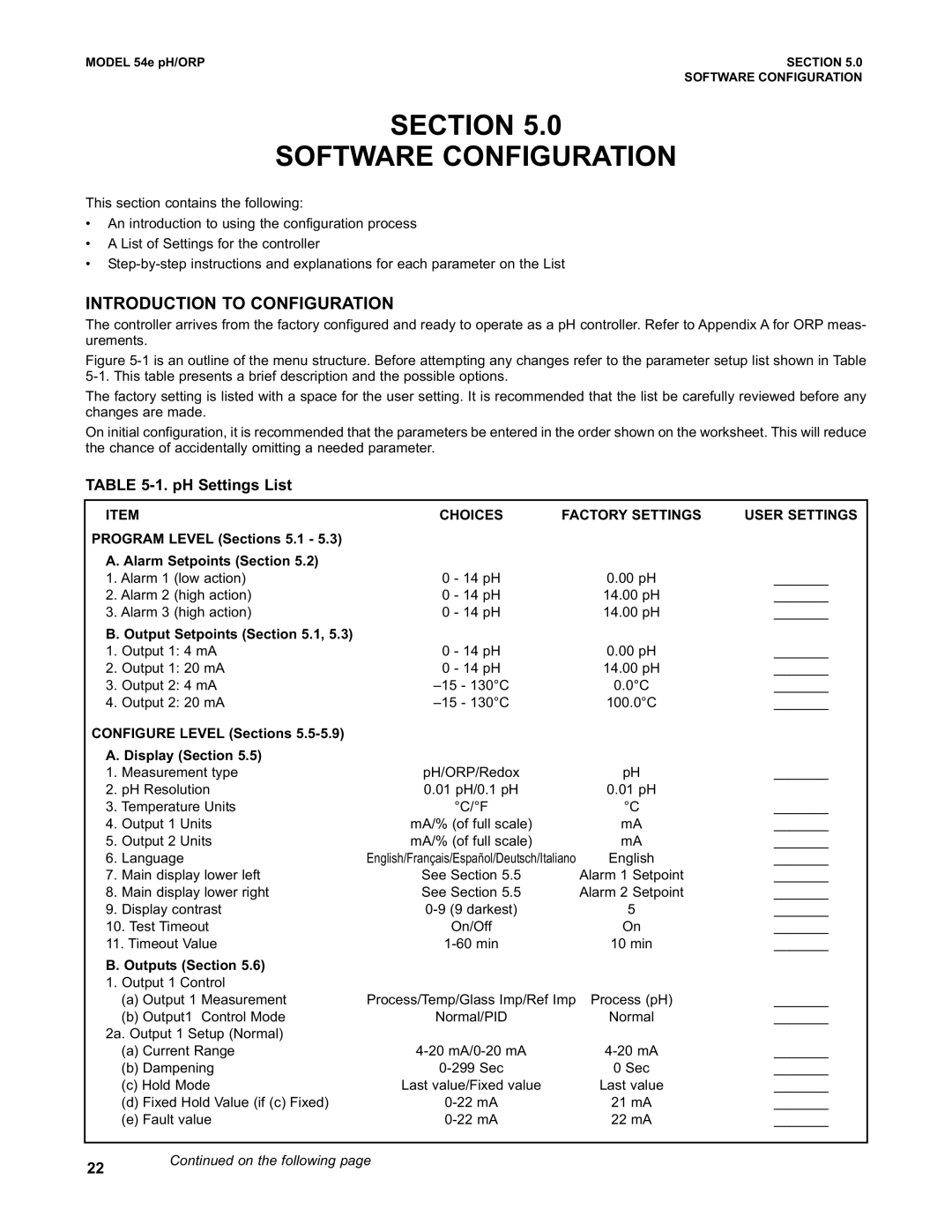 Emerson 54e pH/ORP instruction manual Section Software Configuration, PH Settings List 