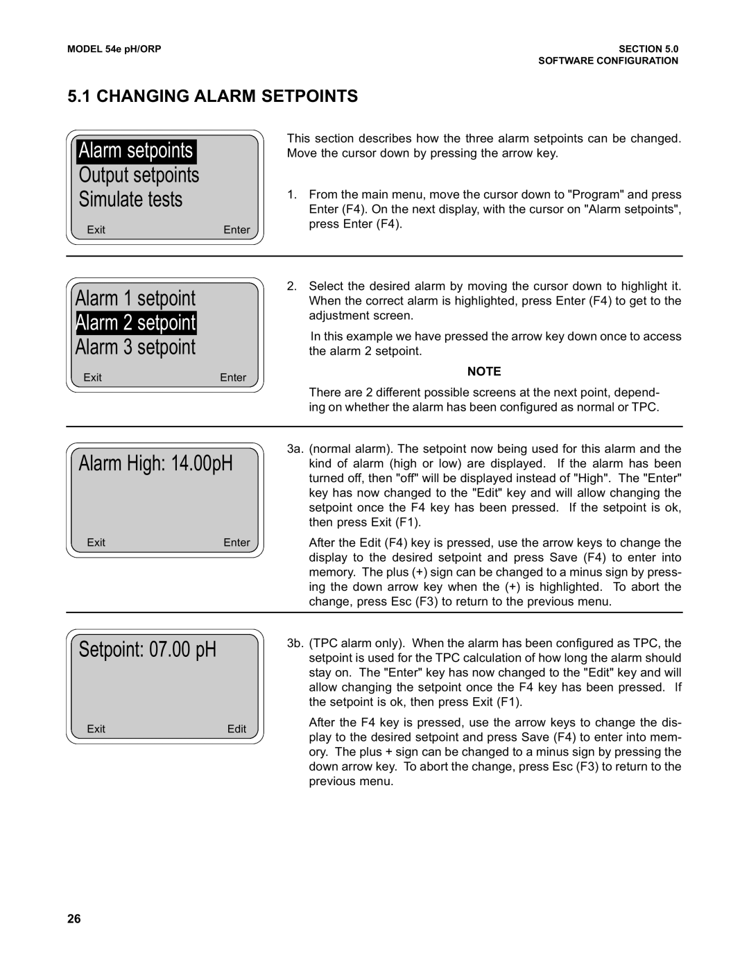 Emerson 54e pH/ORP instruction manual Simulate tests, Alarm High 14.00pH, Setpoint 07.00 pH, Changing Alarm Setpoints 