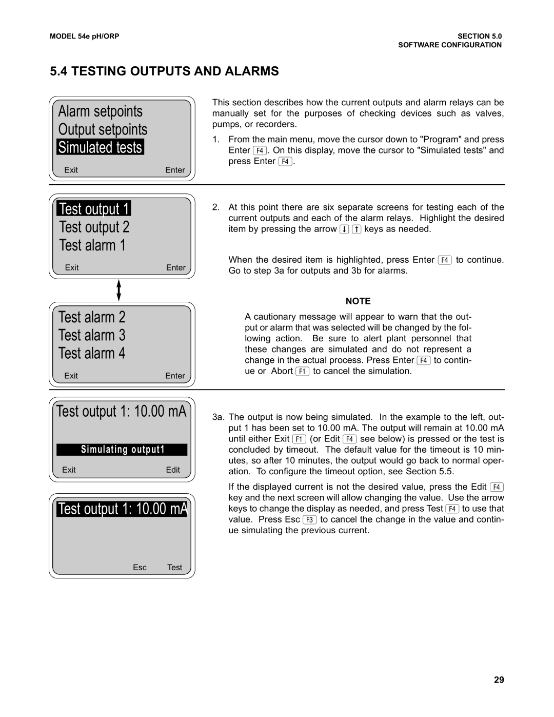 Emerson 54e pH/ORP instruction manual Alarm setpoints Output setpoints, Simulated tests, Test output Test alarm 