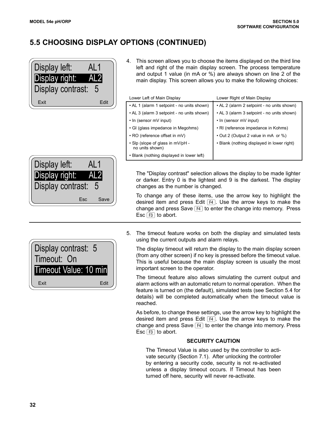 Emerson 54e pH/ORP instruction manual Display contrast Timeout On, Security Caution 