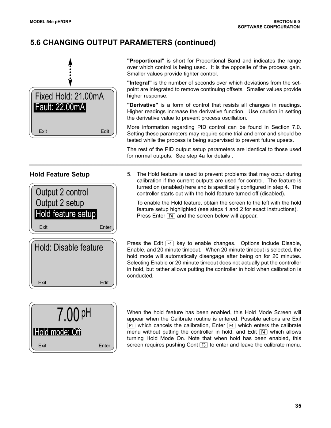 Emerson 54e pH/ORP Fixed Hold 21.00mA, Fault 22.00mA, Output 2 control Output 2 setup, Hold feature setup 