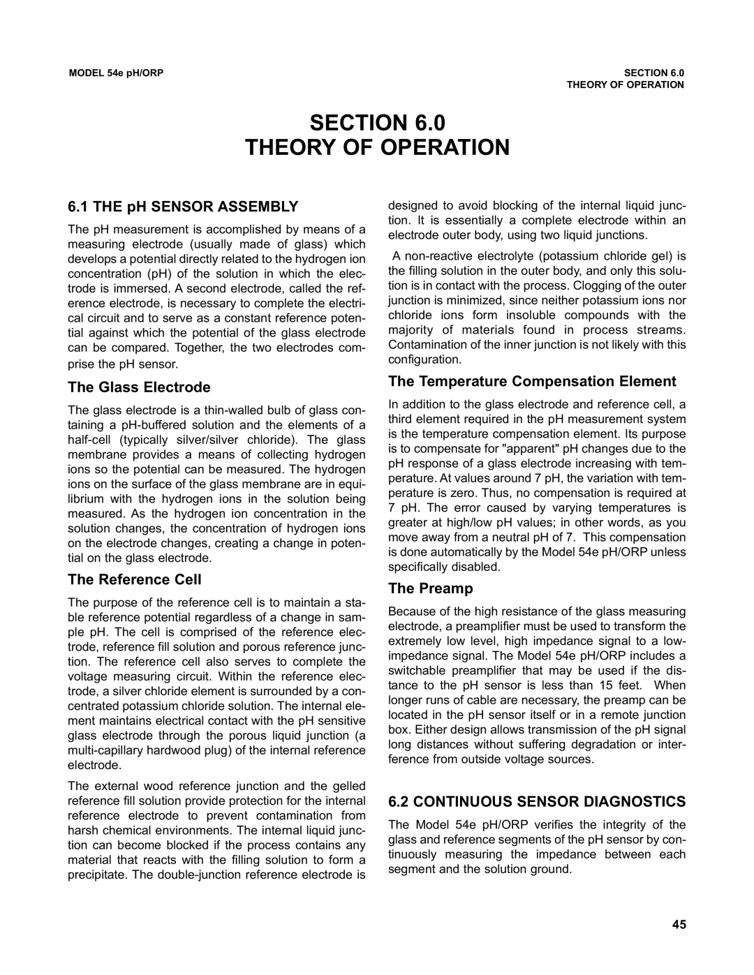 Emerson 54e pH/ORP instruction manual Section Theory of Operation, Continuous Sensor Diagnostics 