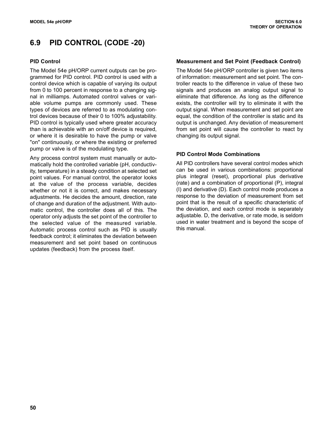 Emerson 54e pH/ORP PID Control Code, Measurement and Set Point Feedback Control, PID Control Mode Combinations 