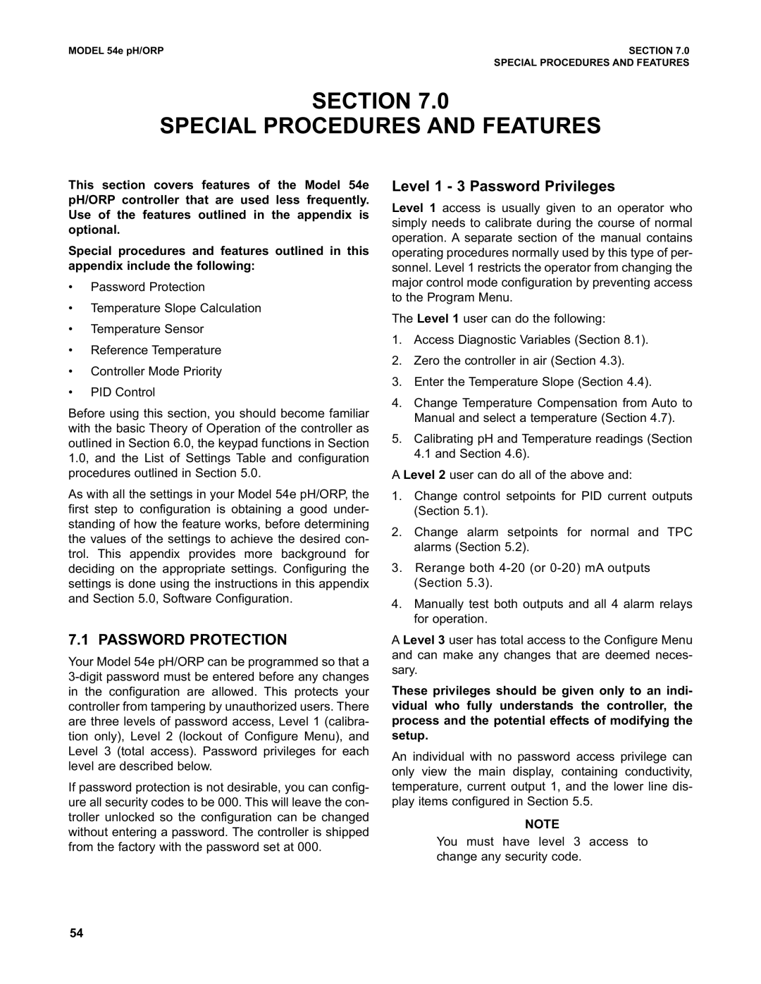 Emerson 54e pH/ORP Section Special Procedures and Features, Password Protection, Level 1 3 Password Privileges 