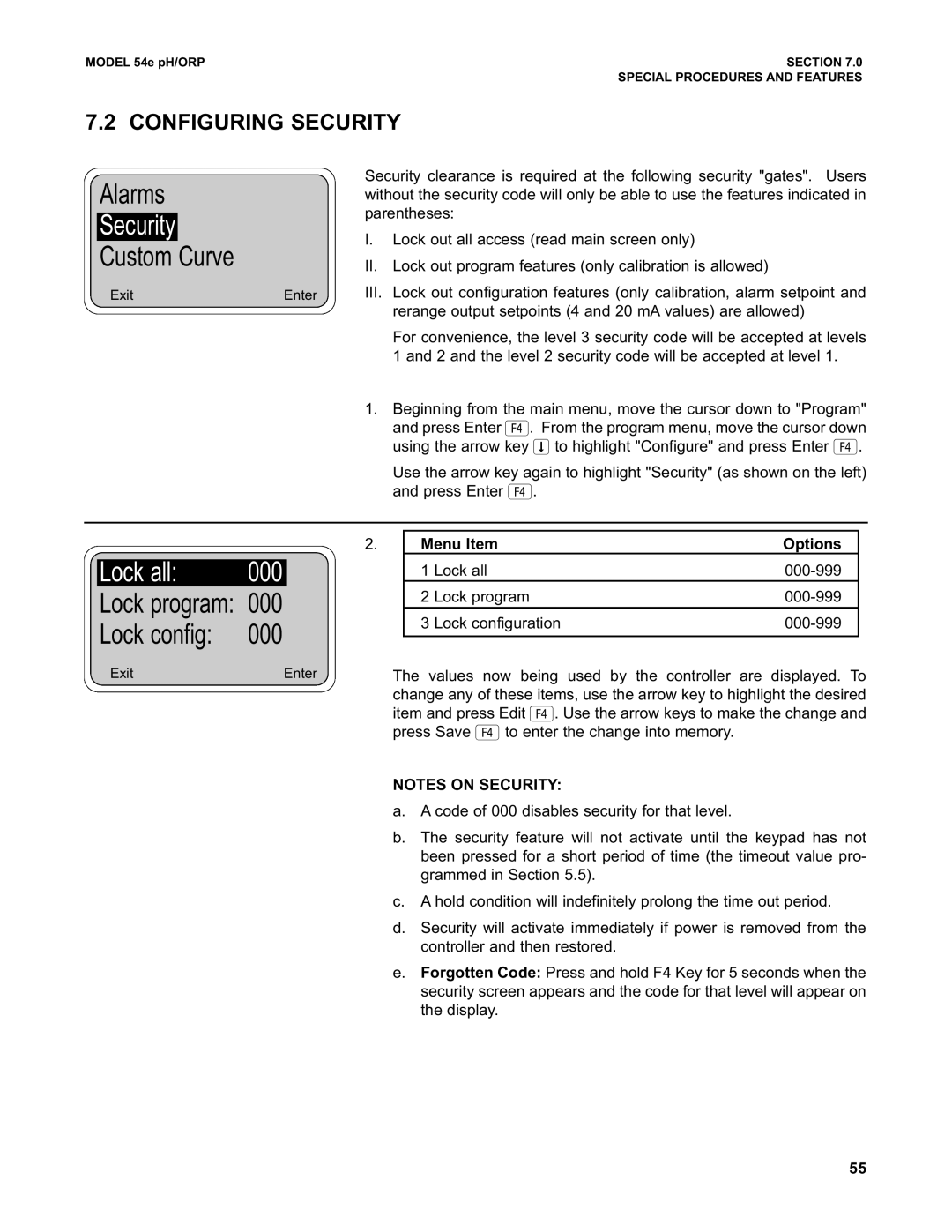 Emerson 54e pH/ORP instruction manual Custom Curve, Lock all, Configuring Security 