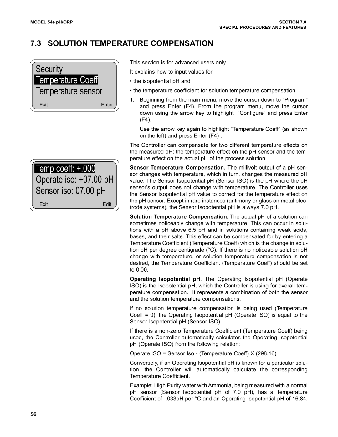 Emerson 54e pH/ORP instruction manual Temp coeff +.000, Sensor iso 07.00 pH, Solution Temperature Compensation 