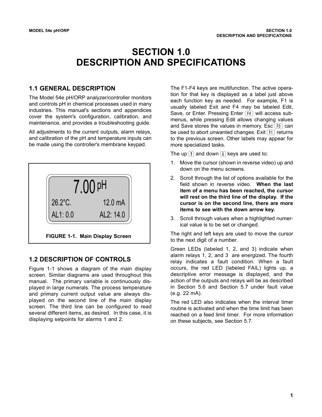 Emerson 54e pH/ORP instruction manual Section Description and Specifications, General Description, Description of Controls 