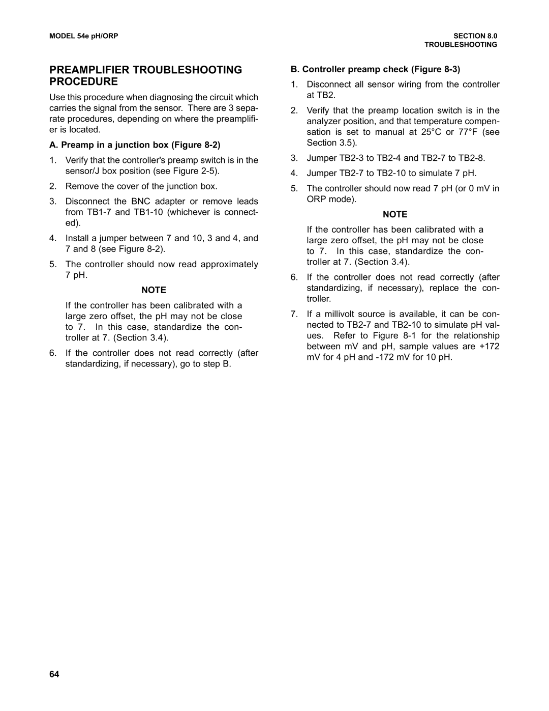 Emerson 54e pH/ORP Preamplifier Troubleshooting Procedure, Preamp in a junction box Figure, Controller preamp check Figure 