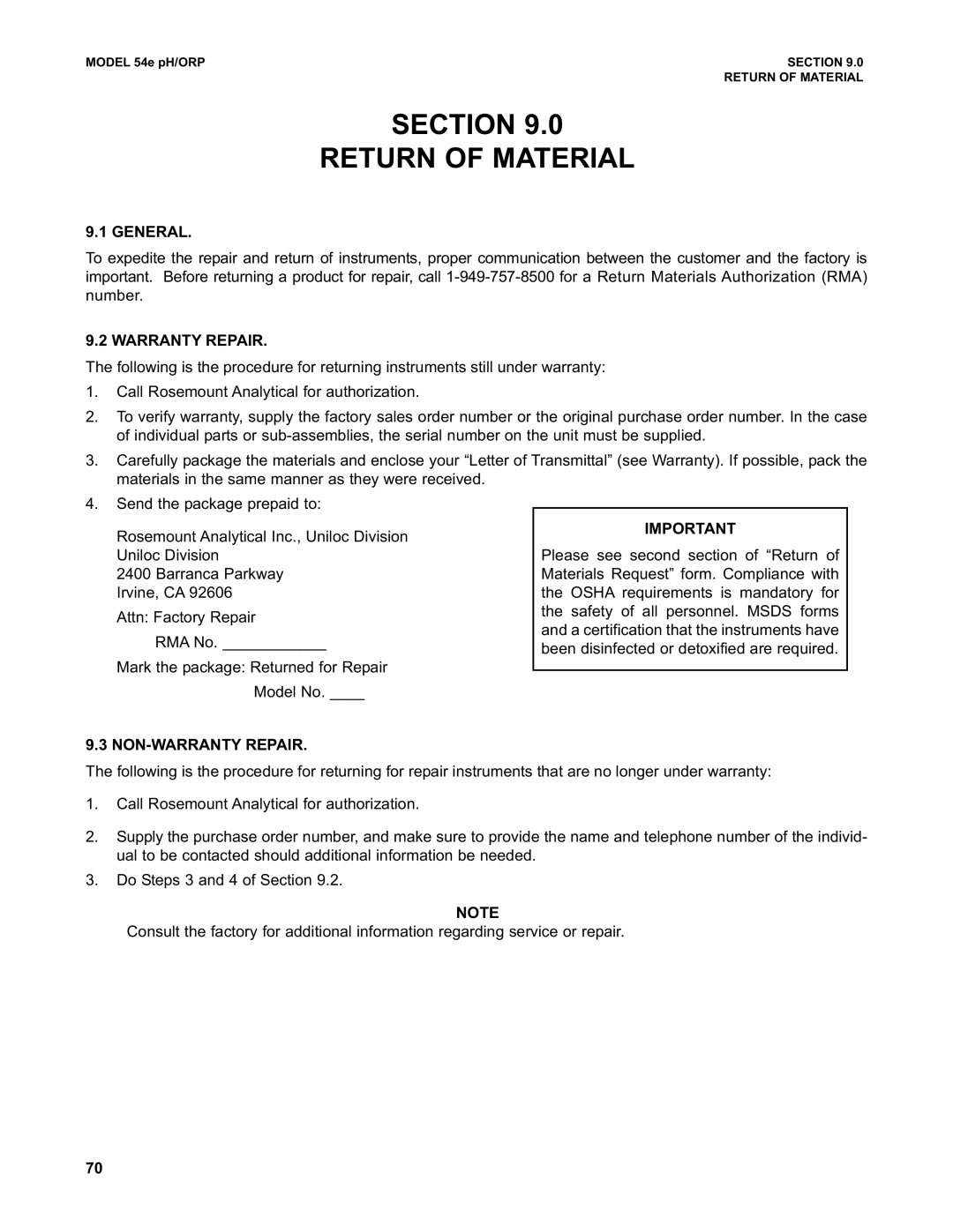 Emerson 54e pH/ORP instruction manual Section Return of Material, General, Warranty Repair, NON-WARRANTY Repair 