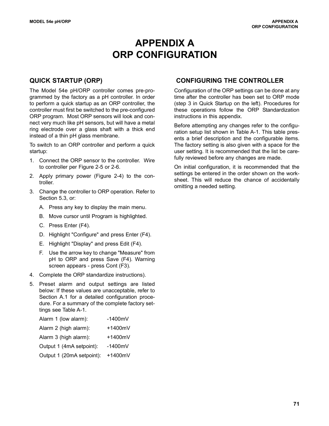 Emerson 54e pH/ORP instruction manual Appendix a ORP Configuration, Quick Startup ORP 