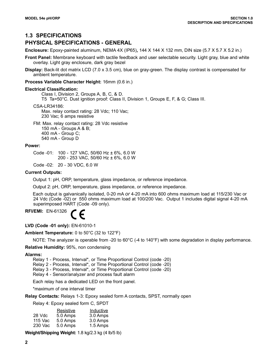 Emerson 54e pH/ORP instruction manual Specifications Physical Specifications General, Power, Current Outputs 