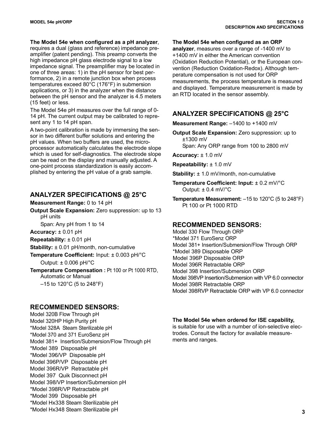 Emerson 54e pH/ORP instruction manual Analyzer Specifications @ 25C, Recommended Sensors 