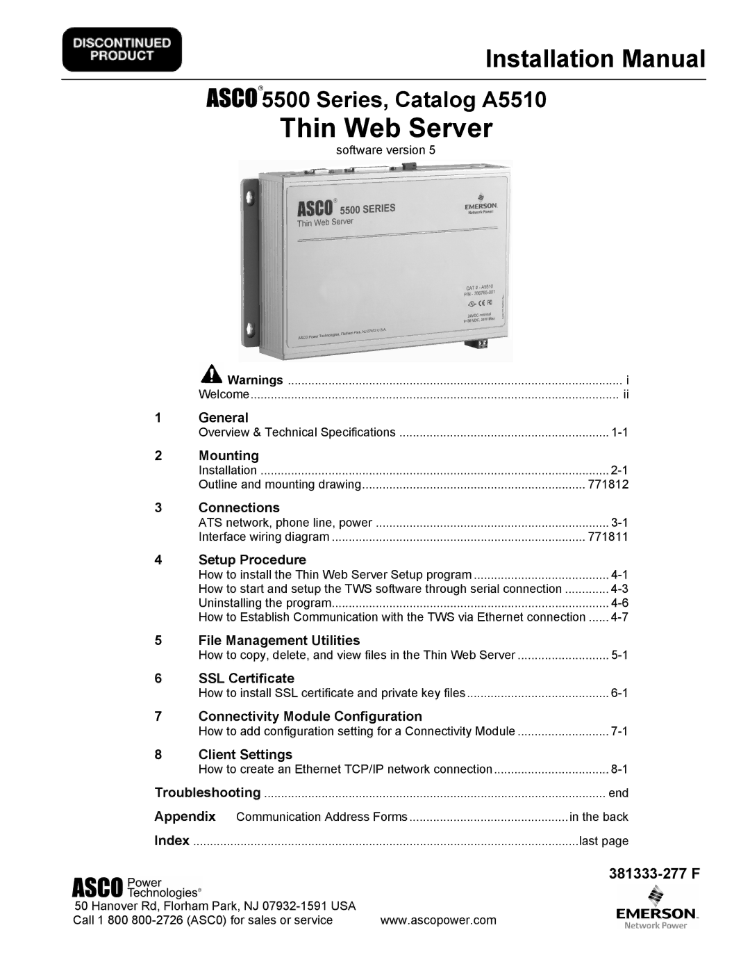 Emerson A5510 installation manual General, Mounting, Connections, Setup Procedure, File Management Utilities, Index 