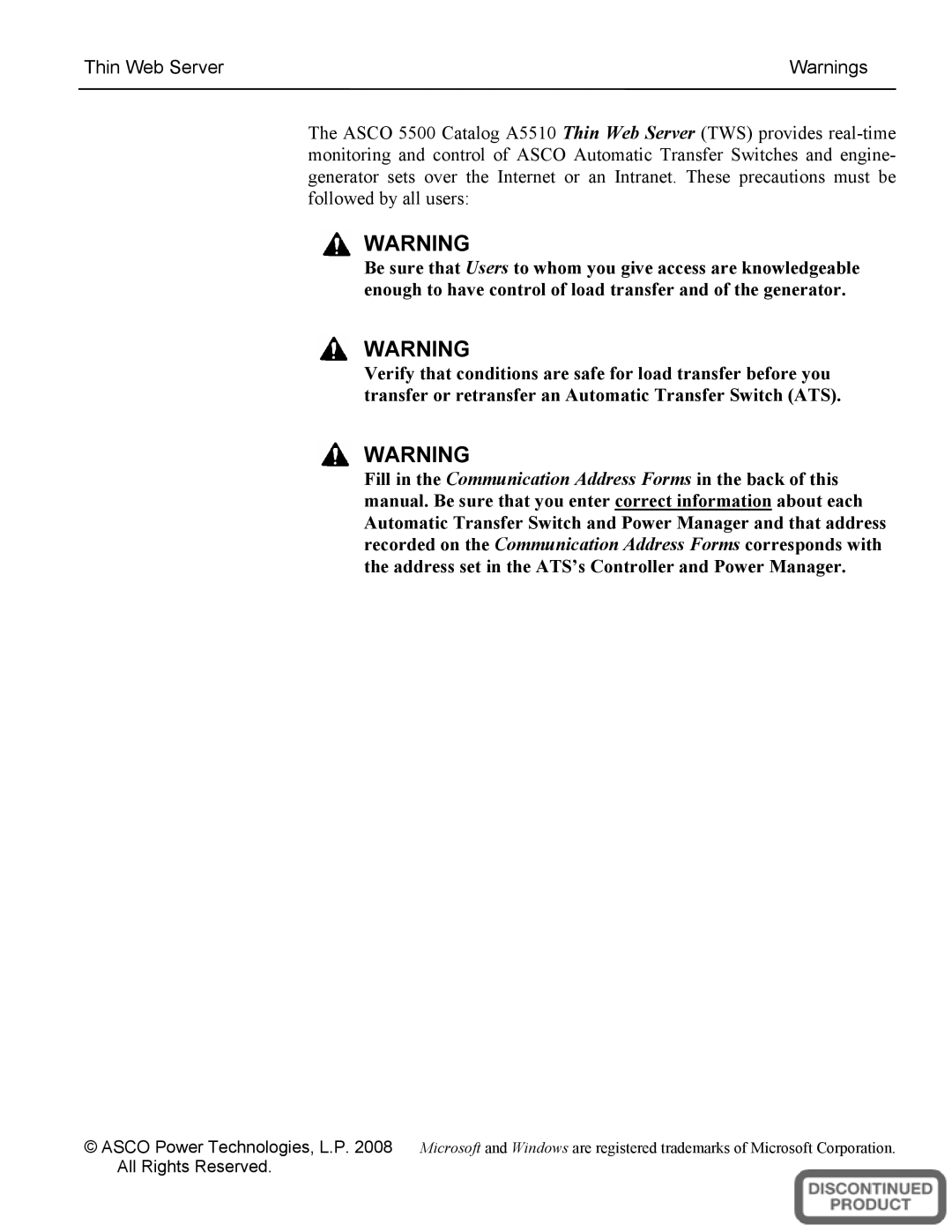 Emerson 5500 SERIES, A5510 installation manual Thin Web Server 