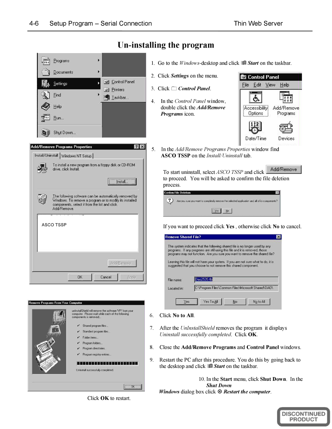 Emerson A5510, 5500 SERIES installation manual Un-installing the program 