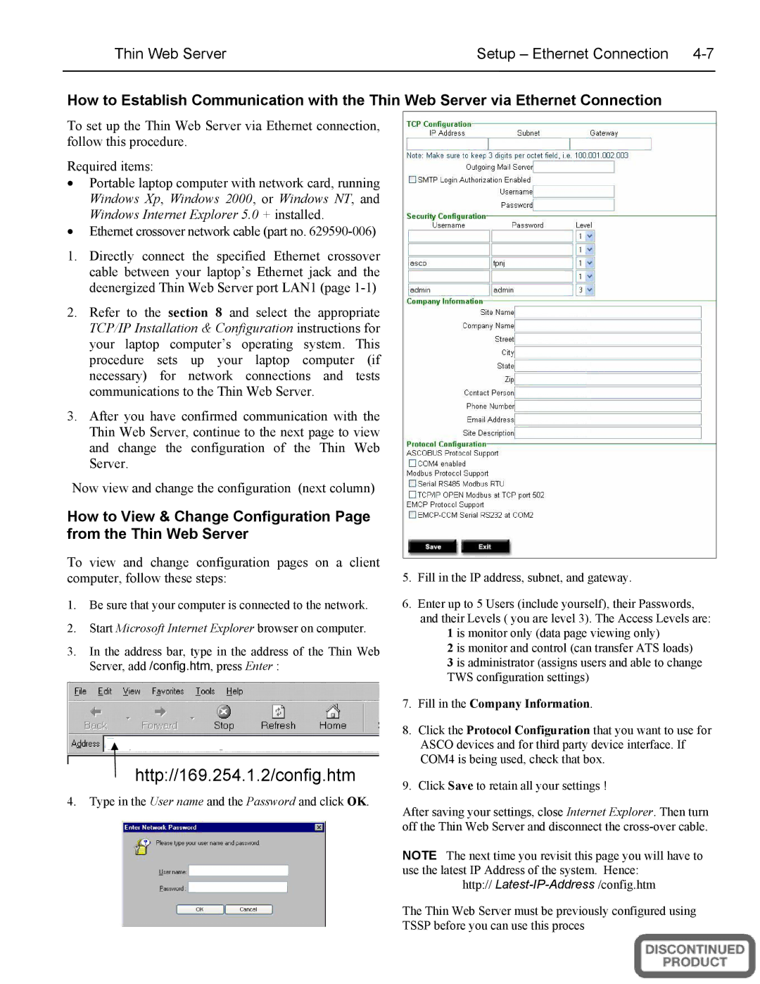 Emerson 5500 SERIES, A5510 installation manual Http//169.254.1.2/config.htm, Thin Web Server Setup Ethernet Connection 