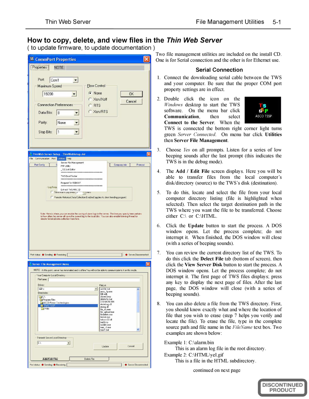 Emerson A5510 How to copy, delete, and view files in the Thin Web Server, Thin Web Server File Management Utilities 