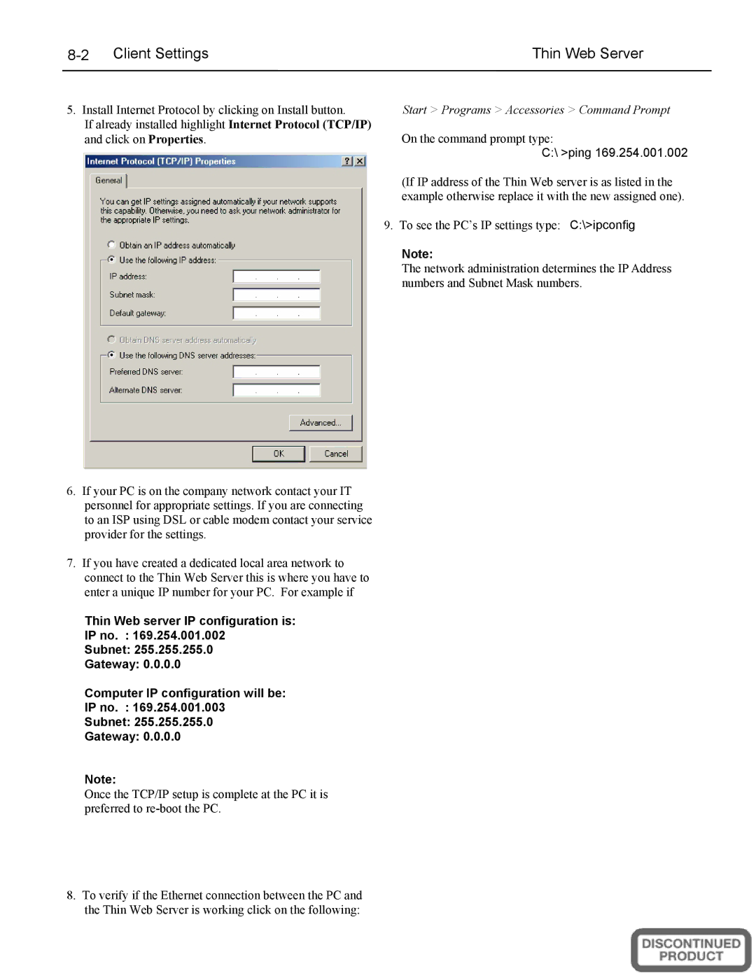 Emerson A5510, 5500 SERIES installation manual Client Settings Thin Web Server, ping 