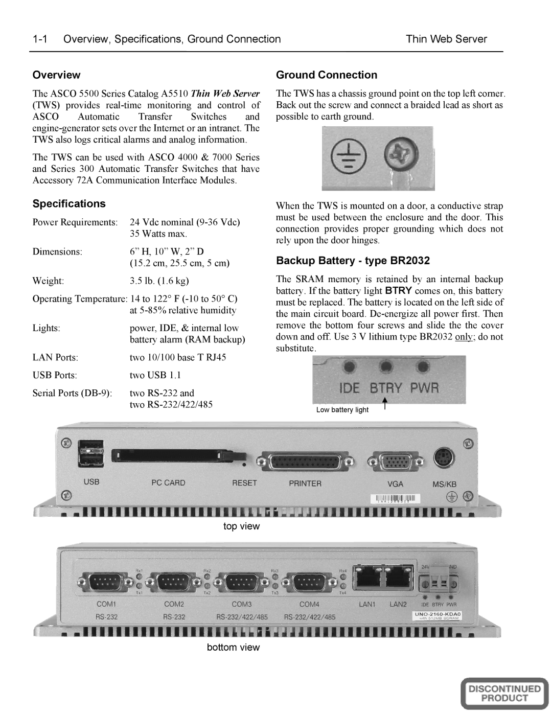 Emerson 5500 SERIES, A5510 installation manual Overview, Specifications, Ground Connection Thin Web Server 