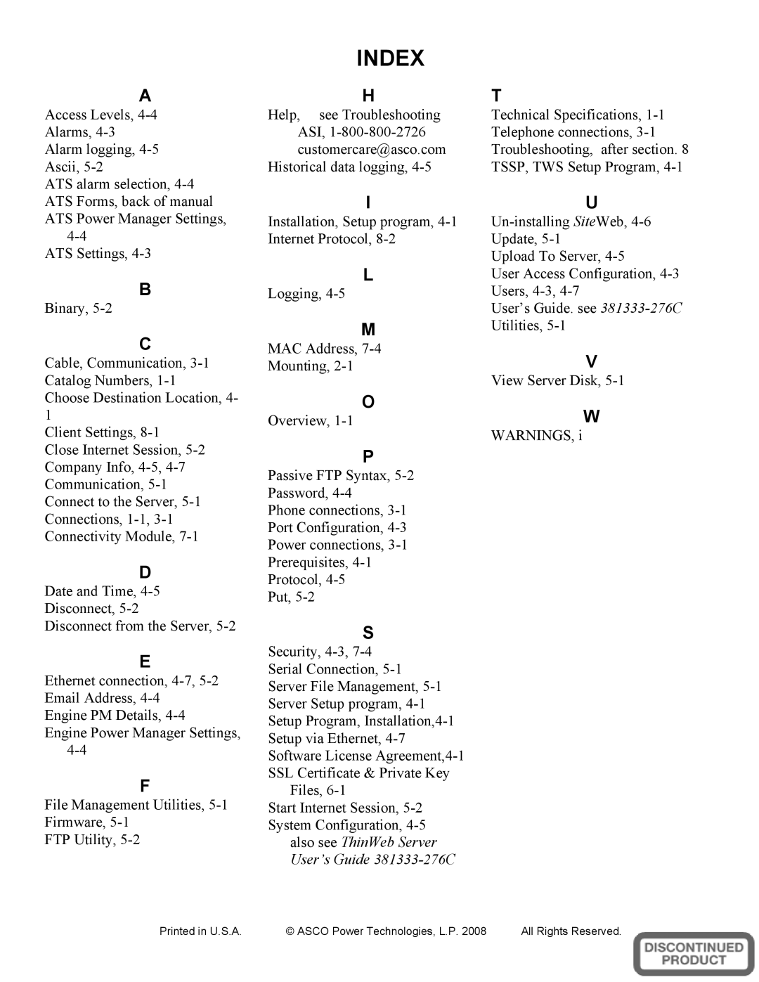 Emerson A5510, 5500 SERIES installation manual Index 