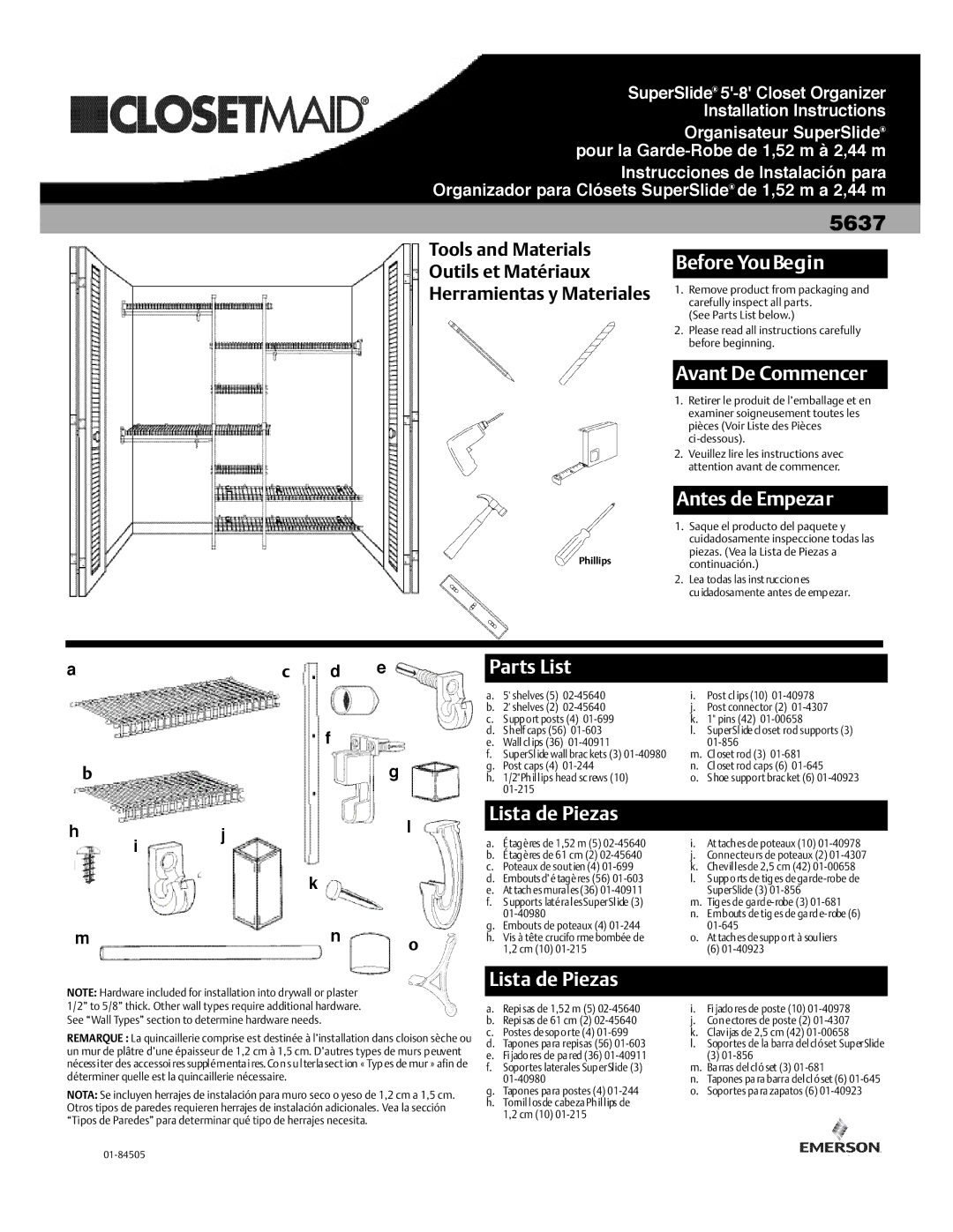 Emerson 5637 installation instructions Before YouBegin, Avant De Commencer, Antes de Empezar, Parts List, Lista de Piezas 